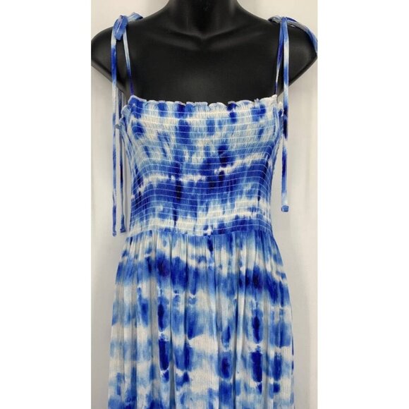 Forever 21 Women Tie Dye Maxi Dress Size Medium M Blue White Rayon Tie Strap New - Picture 2 of 7